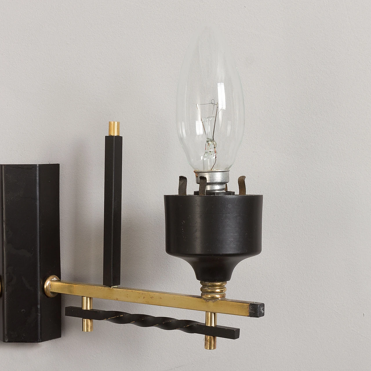 Pair of brass, black metal and opaline glass wall lights, 1960s 10