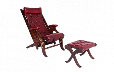 Reclining armchair and footrest in mahogany & burgundy leather