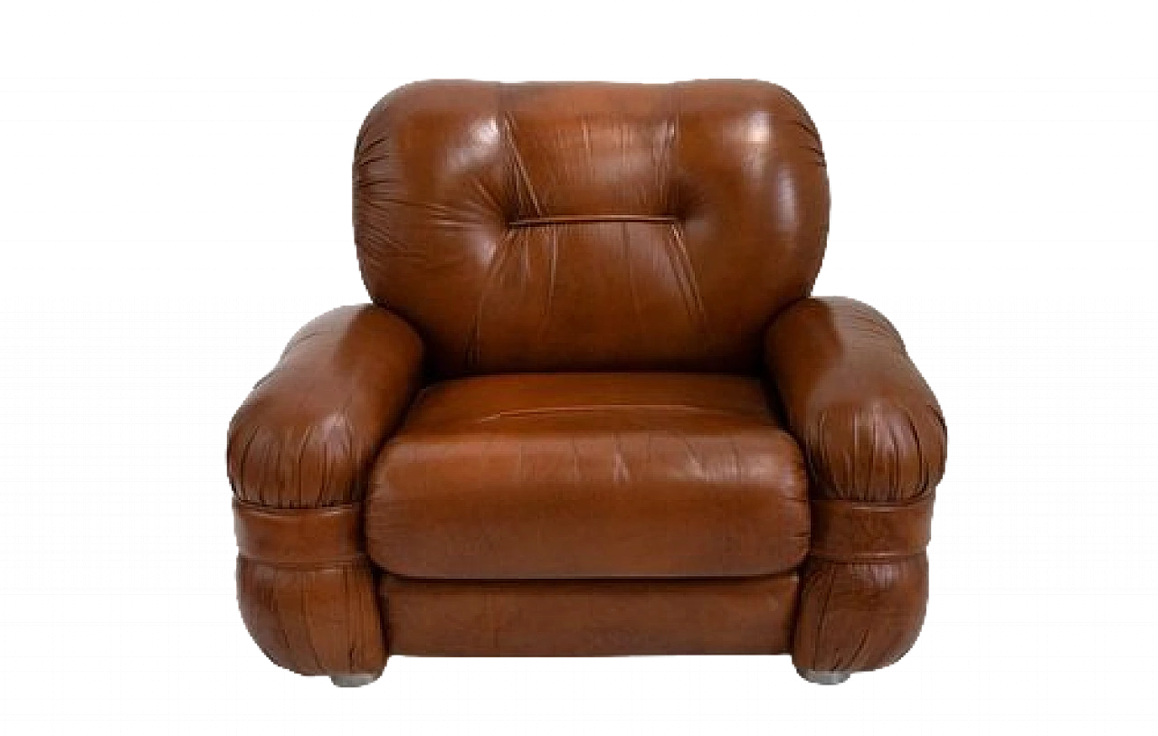 Armchair with rounded armrest in brown leather, 1970s 6