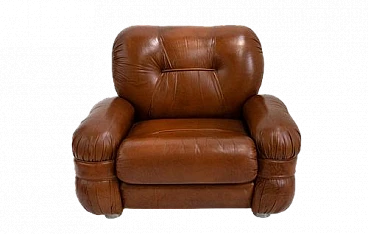 Armchair with rounded armrest in brown leather, 1970s