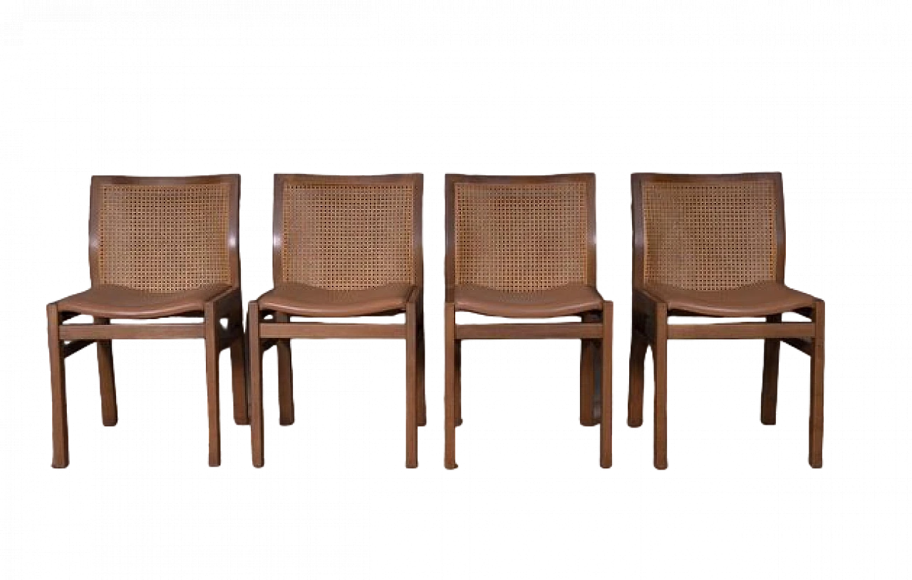 4 Chairs in walnut, leather and Vienna straw by Molteni&C, 1970s 4