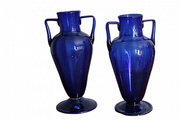 Pair of cobalt blue Murano glass amphora vases, 1930s