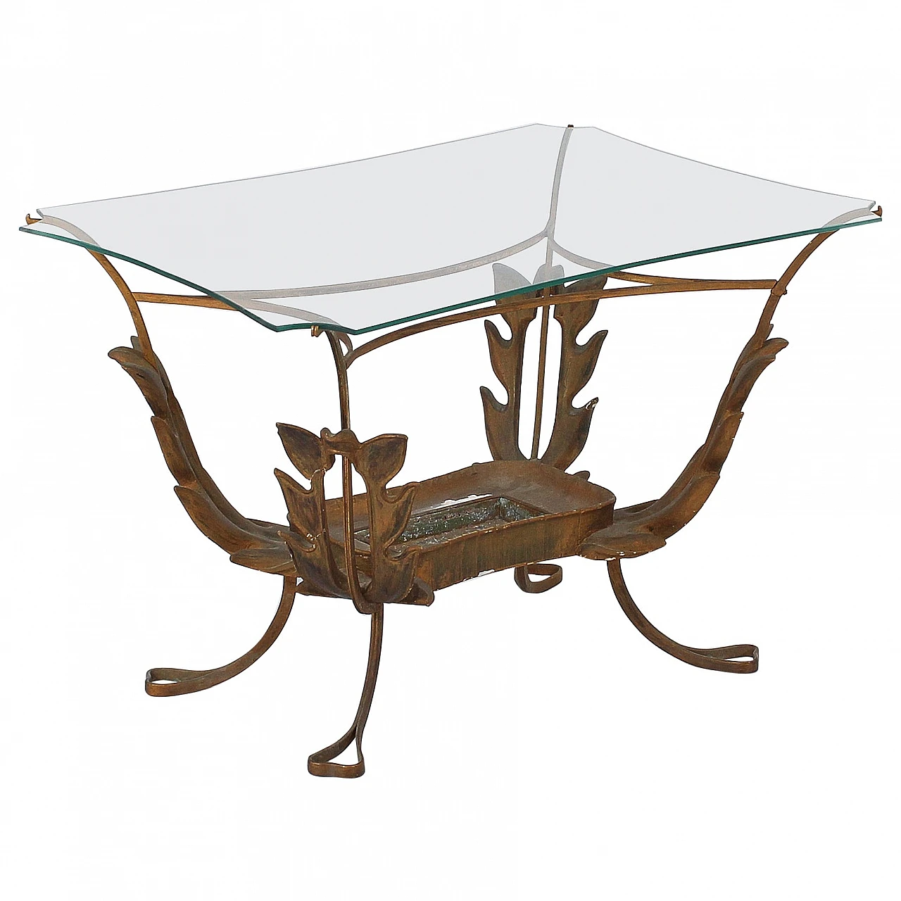 Tavolino in ottone, legno e vetro attribuito a P. L. Colli, anni '50 1
