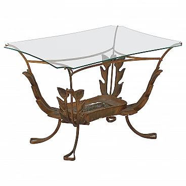 Tavolino in ottone, legno e vetro attribuito a P. L. Colli, anni '50