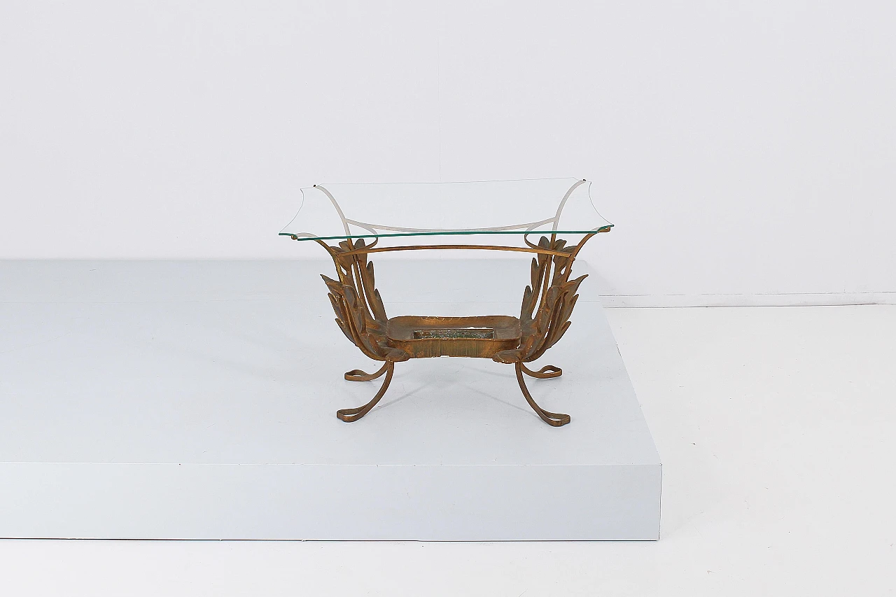 Tavolino in ottone, legno e vetro attribuito a P. L. Colli, anni '50 3