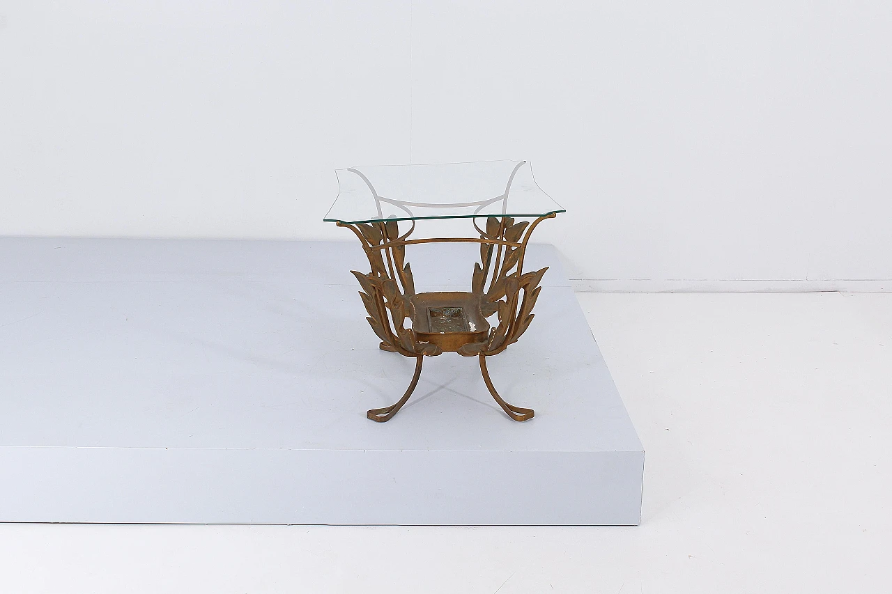 Tavolino in ottone, legno e vetro attribuito a P. L. Colli, anni '50 5
