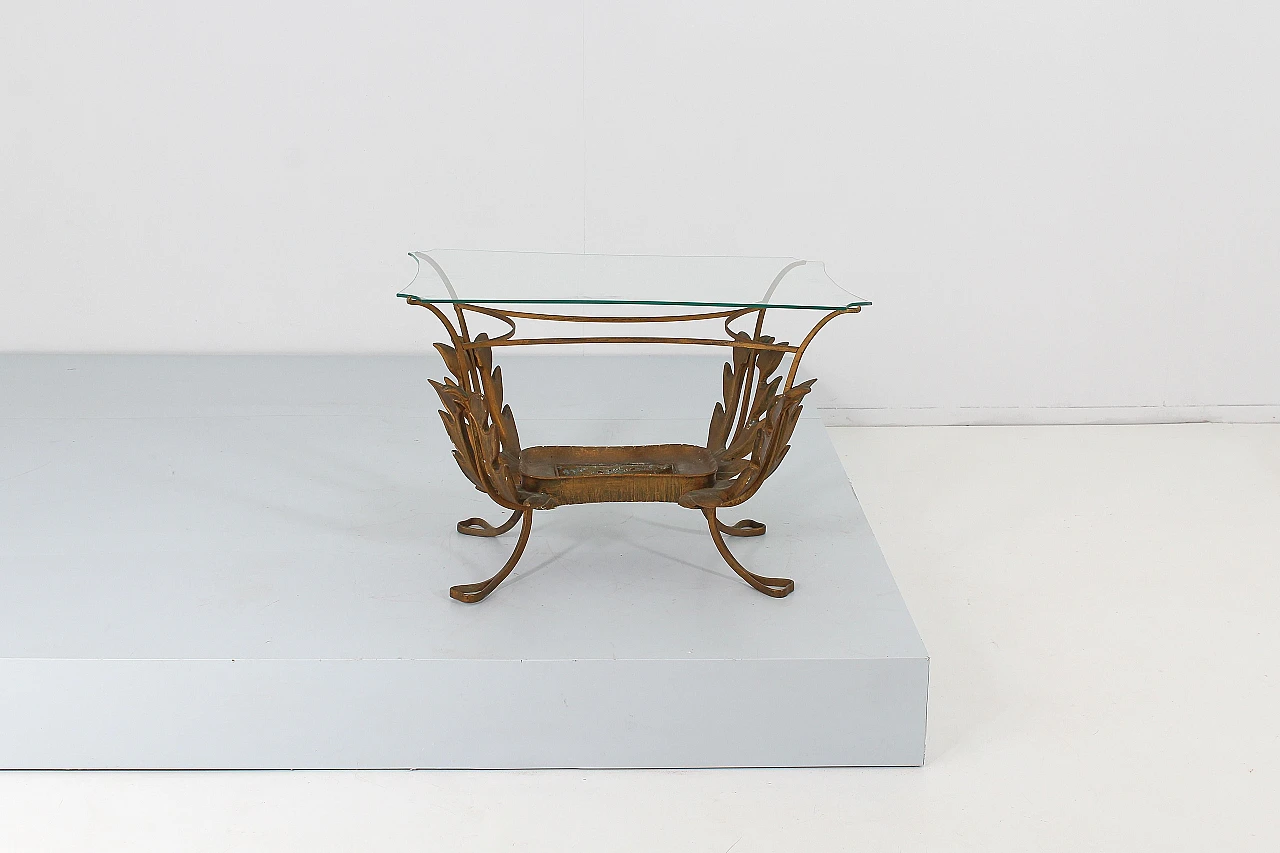 Tavolino in ottone, legno e vetro attribuito a P. L. Colli, anni '50 7