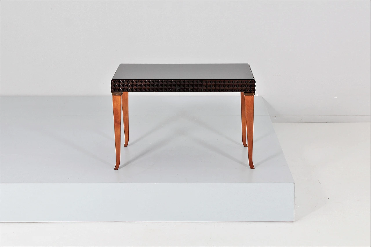 Wood, black glass and brass coffee table in the style of Buffa, 1950s 3