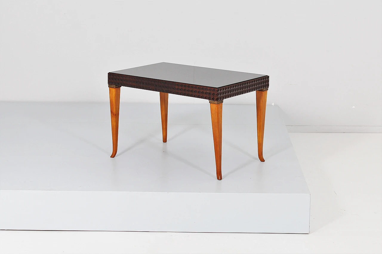 Wood, black glass and brass coffee table in the style of Buffa, 1950s 4