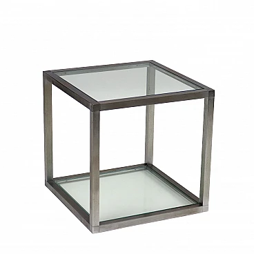 Tavolino cubico con doppio ripiano in vetro e metallo, anni '60