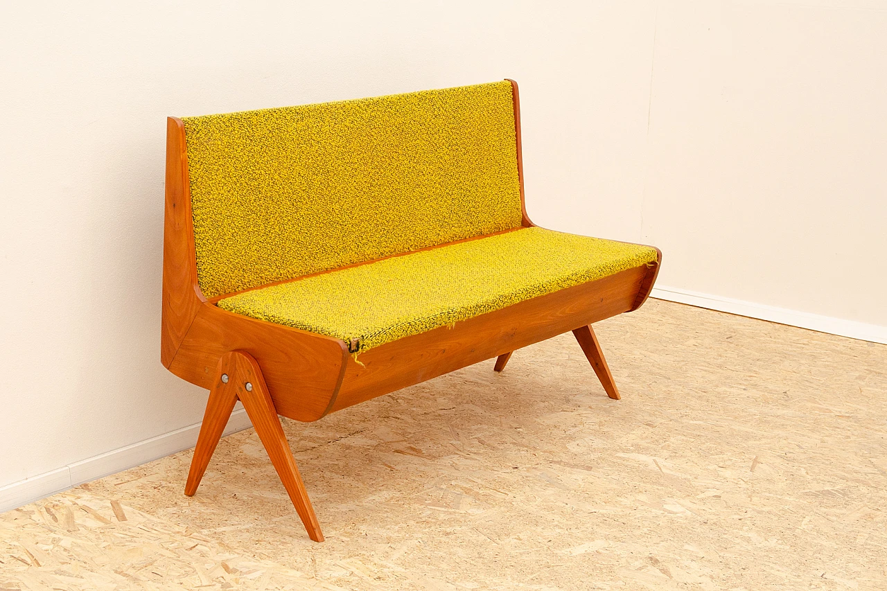 Czechoslovakian beech and fabric bench, 1960s 4