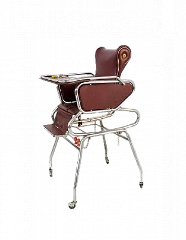 Burgundy leather, metal and wood convertible high chair, 1970s