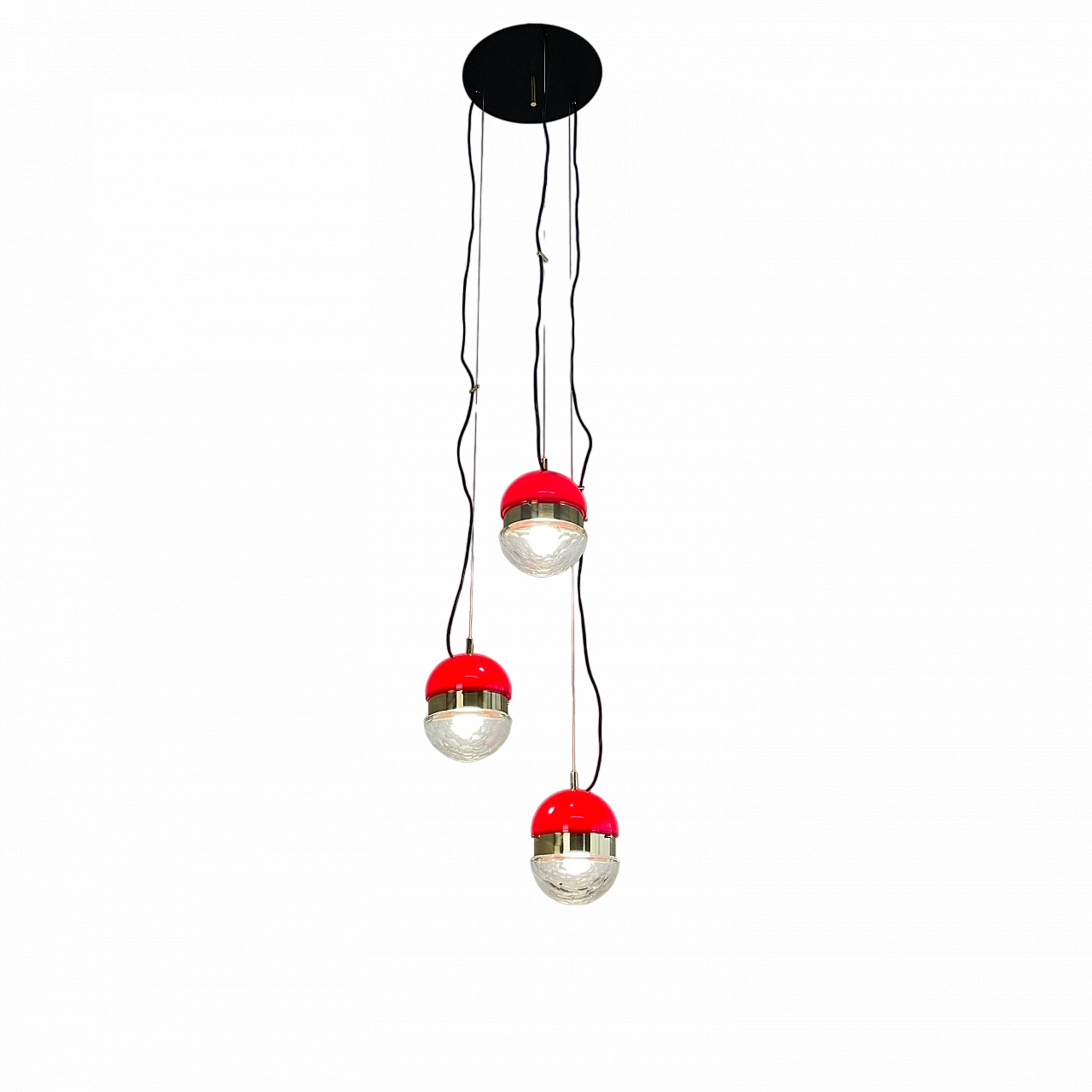 Brass, red methacrylate and glass pendant lamp, 1960s 16