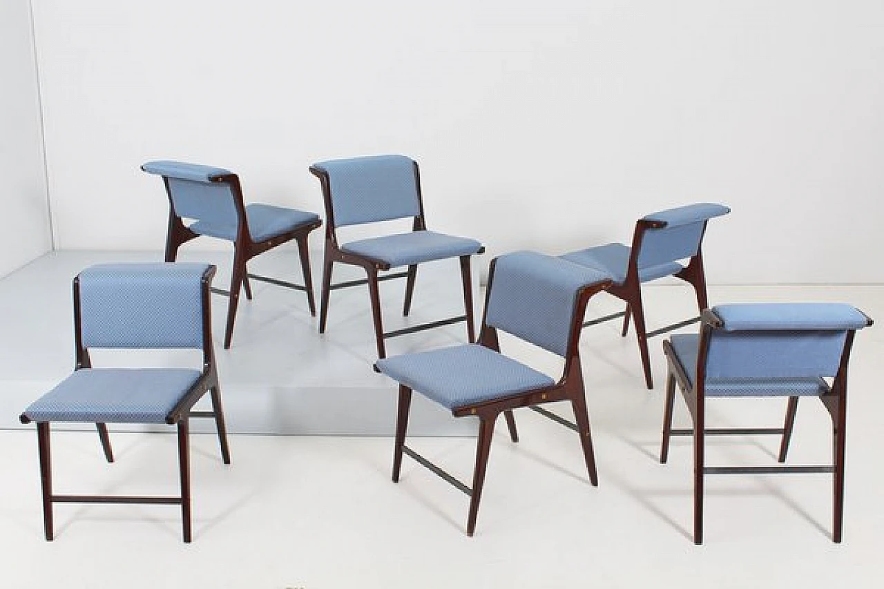 6 Chairs in wood and blue fabric by Ezio Minotti, 1950s 2