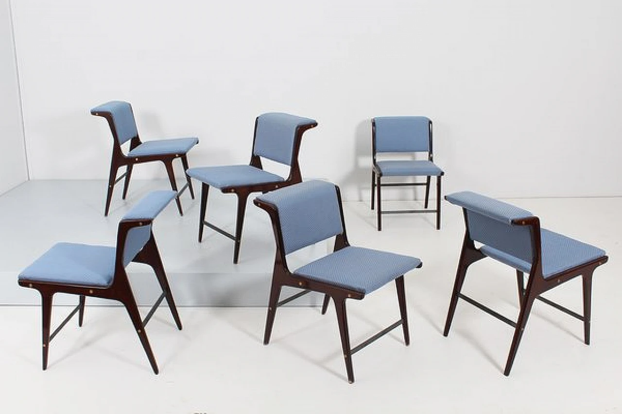 6 Chairs in wood and blue fabric by Ezio Minotti, 1950s 3