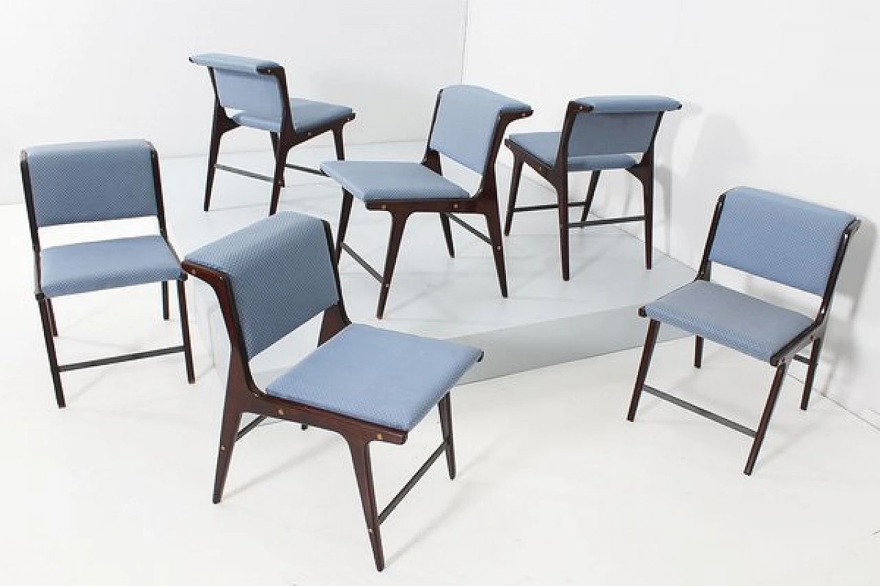 6 Chairs in wood and blue fabric by Ezio Minotti, 1950s 4