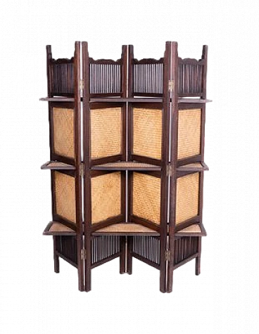 Filipino acacia wood and rattan screen with shelves