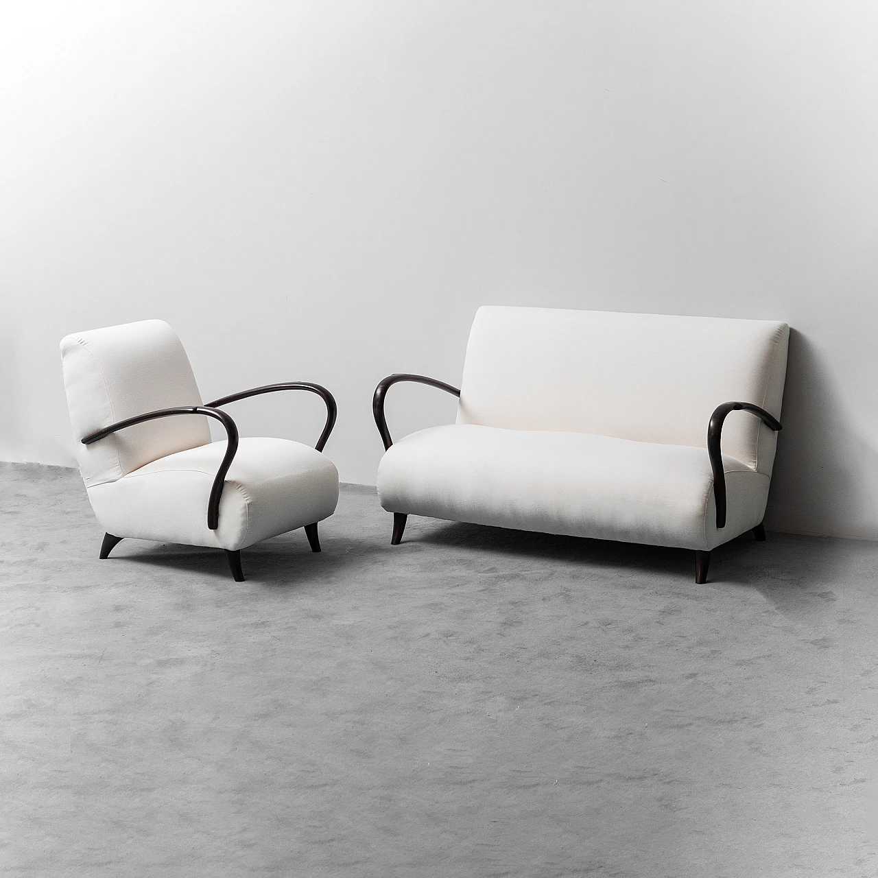 Two-seater sofa and armchair in wood and white fabric, 1960s 1