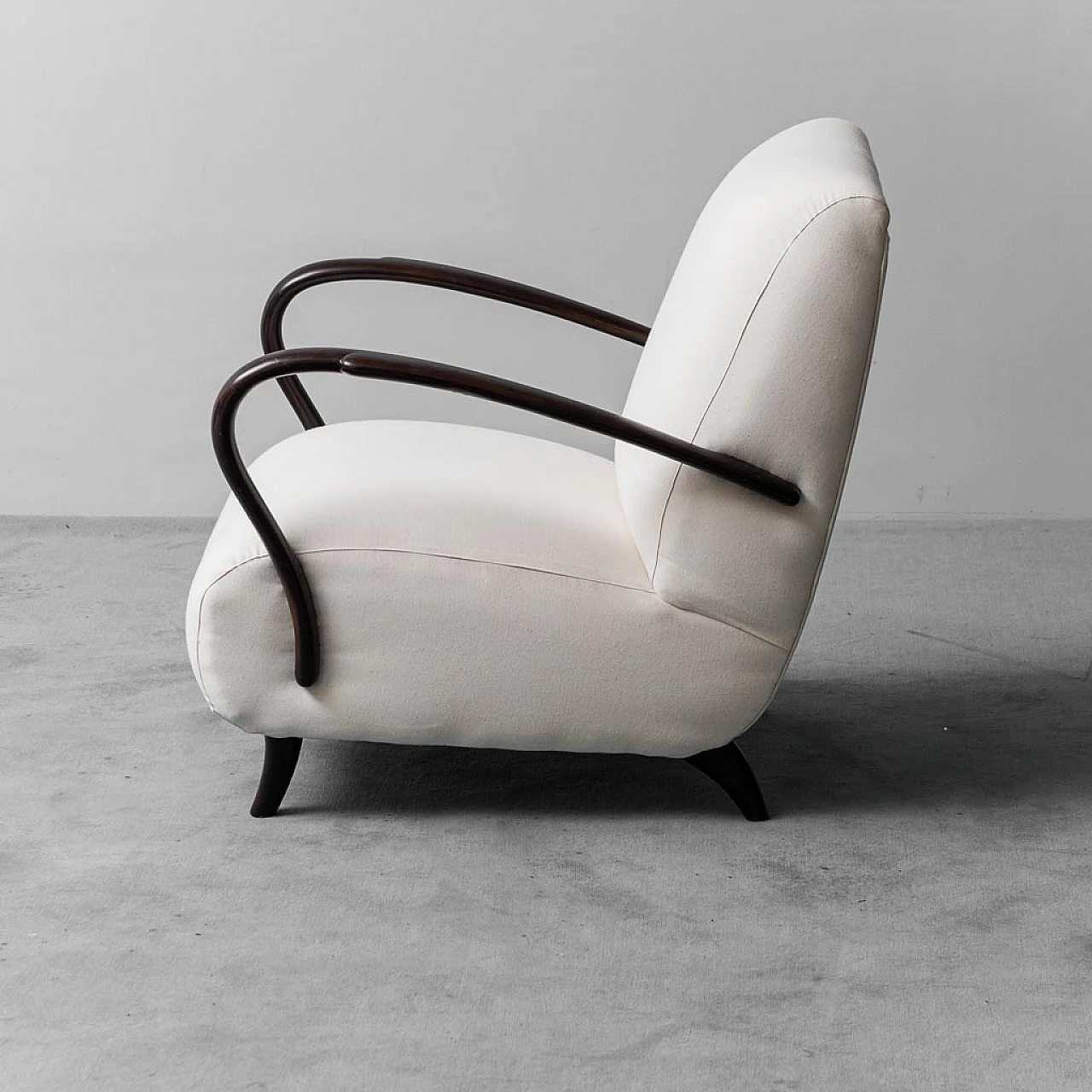 Two-seater sofa and armchair in wood and white fabric, 1960s 3