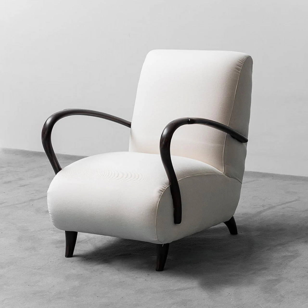 Two-seater sofa and armchair in wood and white fabric, 1960s 5