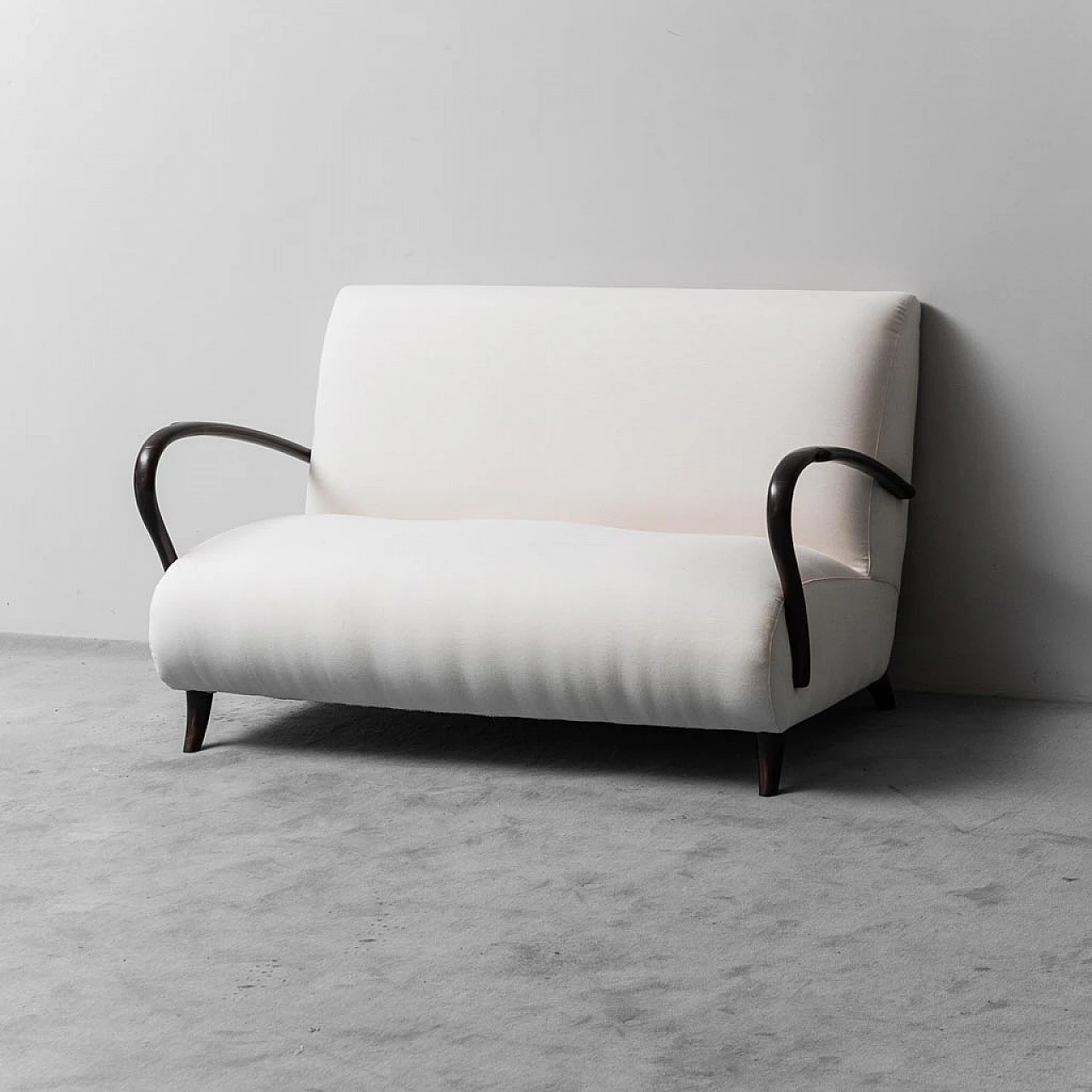 Two-seater sofa and armchair in wood and white fabric, 1960s 6