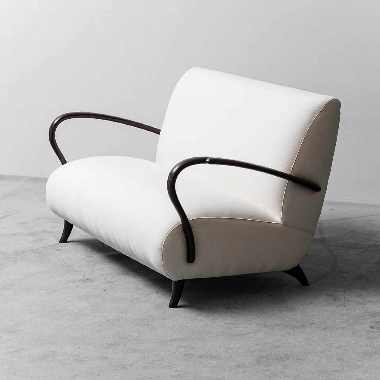 Two-seater sofa and armchair in wood and white fabric, 1960s 10