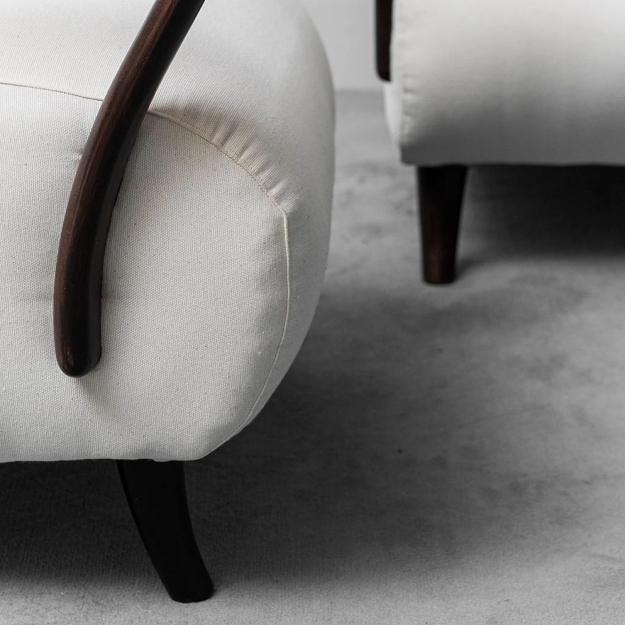 Two-seater sofa and armchair in wood and white fabric, 1960s 11