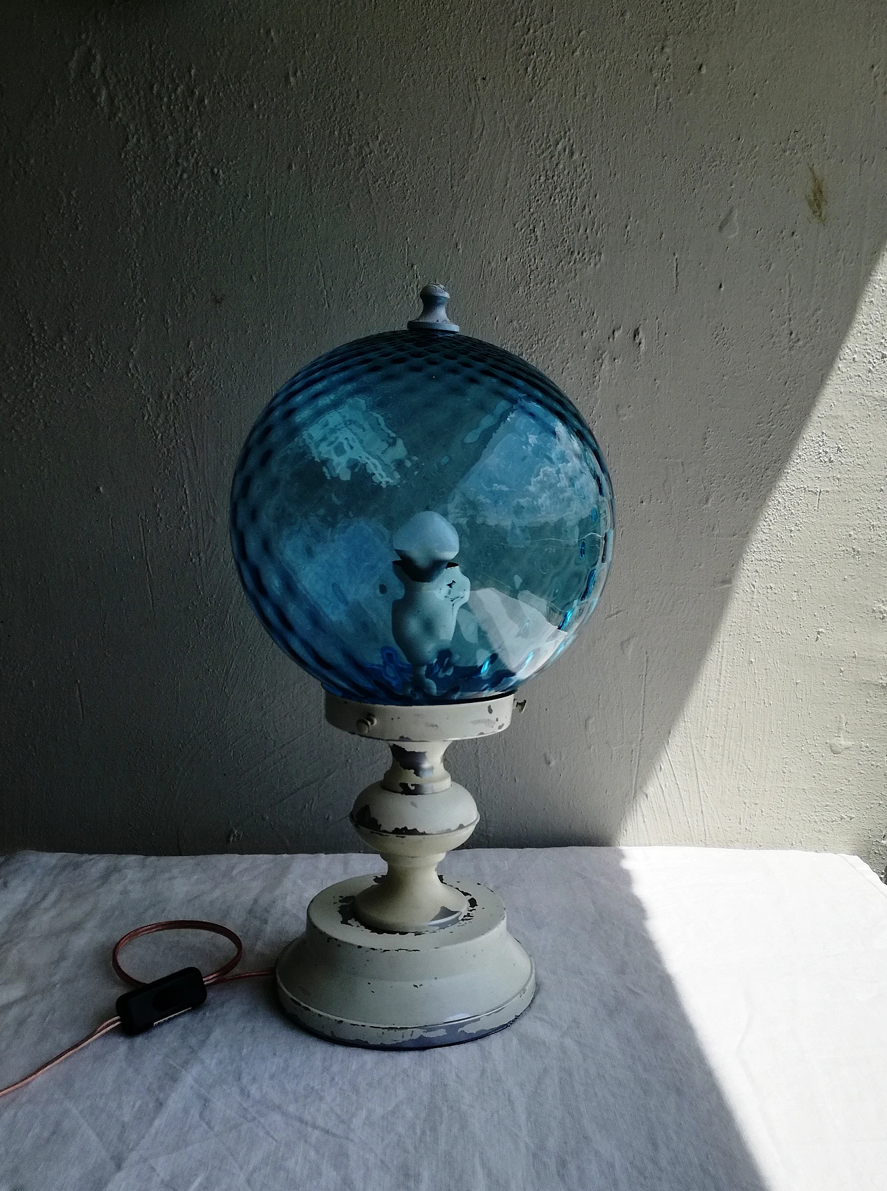 Metal and blue blown glass table lamp, 1970s 4