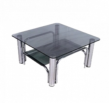 Chromed metal coffee table with black glass top, 1970s