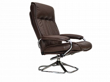 Danish leather and chrome-plated steel swivel chair, 1970s