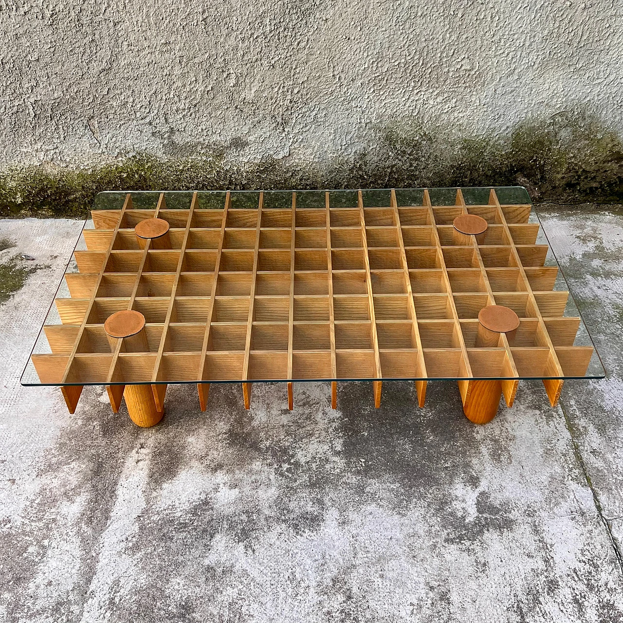 Ash, glass and leather coffee table attributed to G. Frattini, 1970s 2