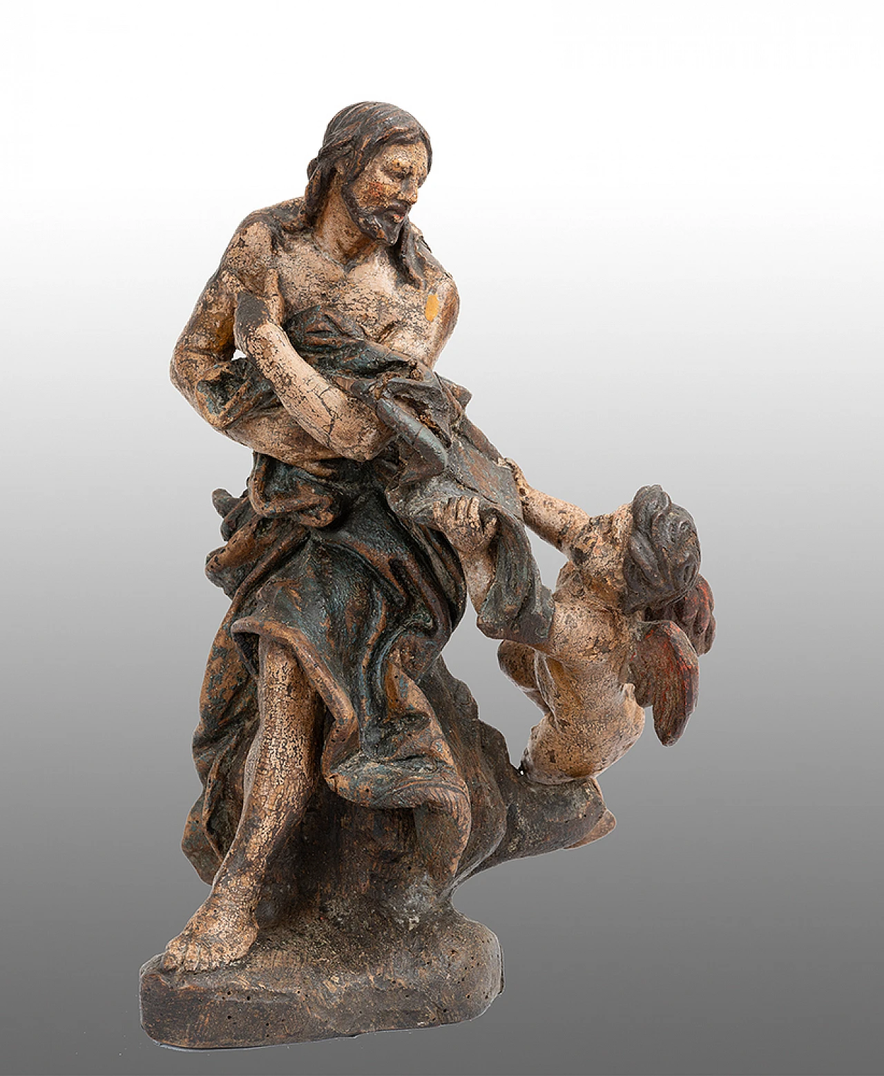 Polychrome wooden sculpture depicting Christ with putto, 17th century 1