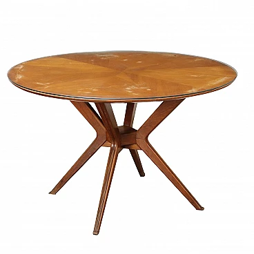 Tavolo tondo impiallicciato in legno e piano in vetro, anni '50