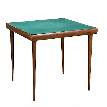 Tavolo da gioco quadrato in faggio e velluto verde, anni '50