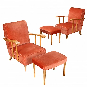 Pair of armchairs & footrests in wood and orange fabric, 1980s