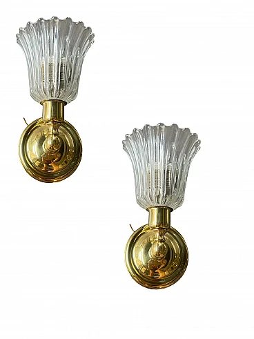 Pair of brass and Murano glass wall lights by Barovier, 1960s