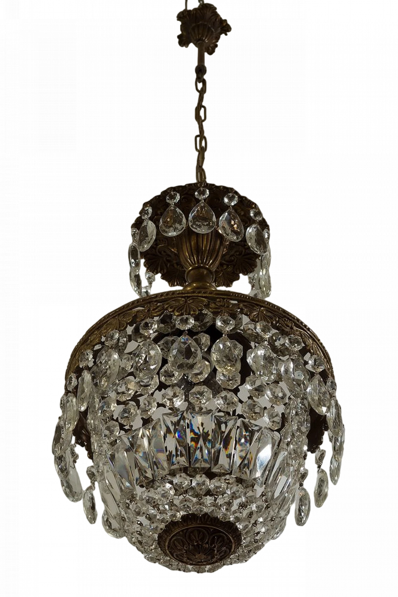 Lampadario Art Déco in ottone con gocce in vetro, anni '40 12