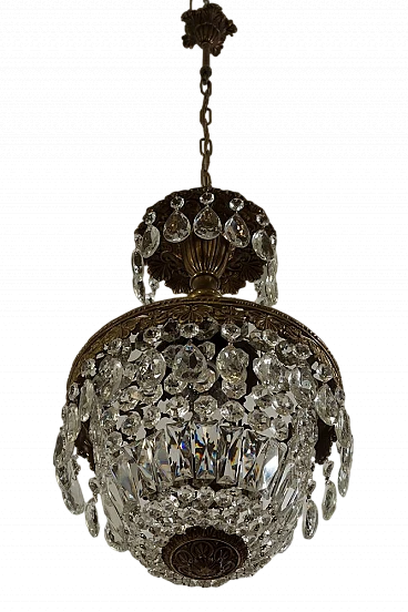 Art Deco brass chandelier with glass drops, 1940s