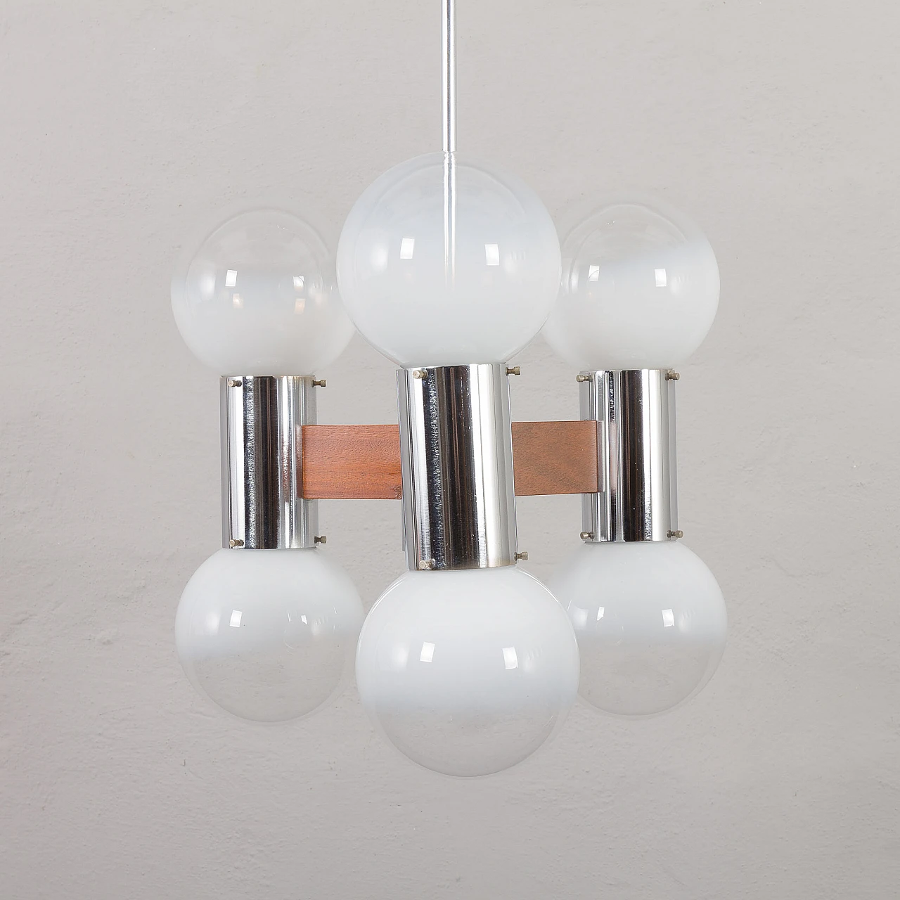 Murano glass, teak and chromed steel chandelier, 1970s 3