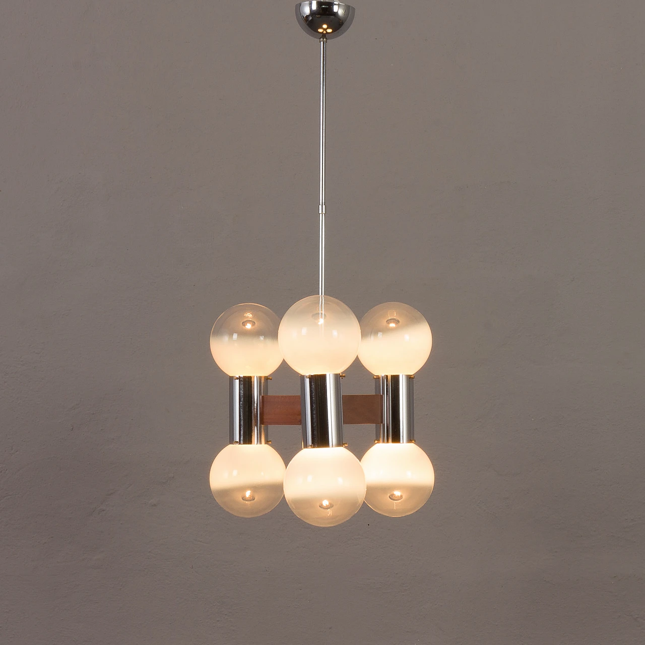 Murano glass, teak and chromed steel chandelier, 1970s 8