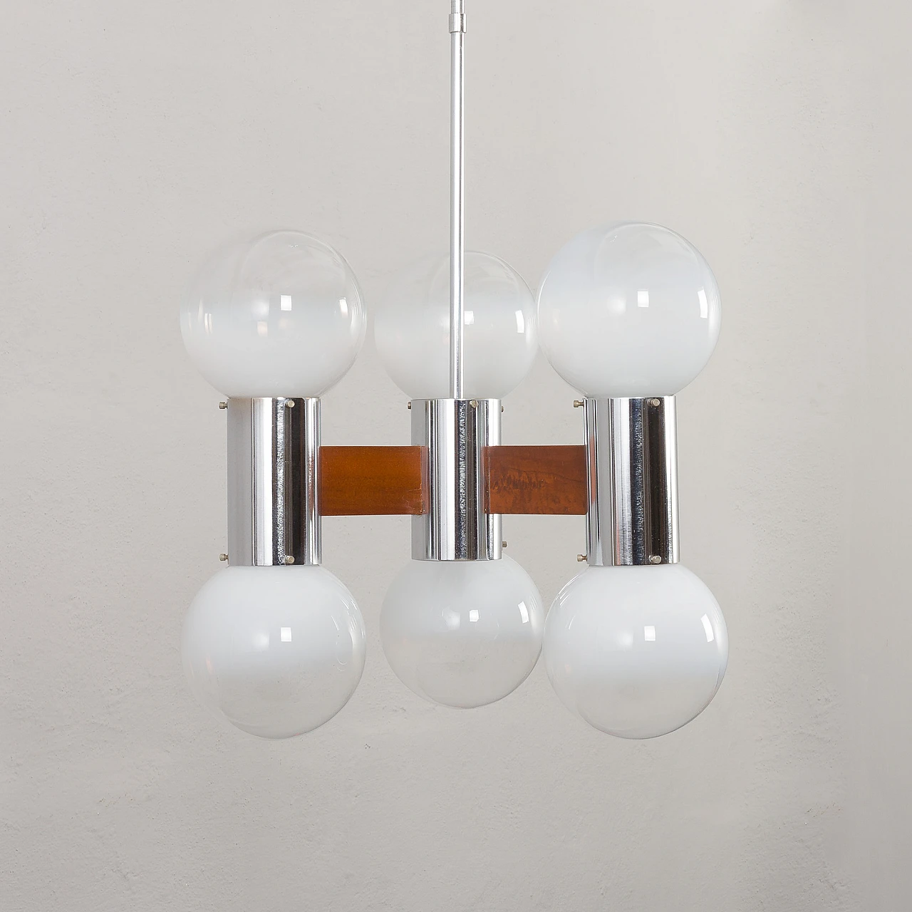 Murano glass, teak and chromed steel chandelier, 1970s 11