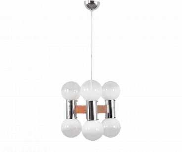 Murano glass, teak and chromed steel chandelier, 1970s