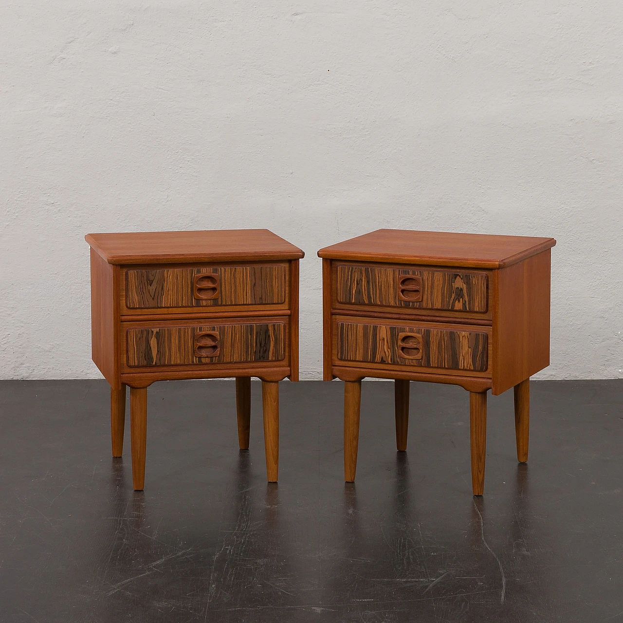 Pair of Danish teak bedside tables with rosewood inlays, 1960s 1