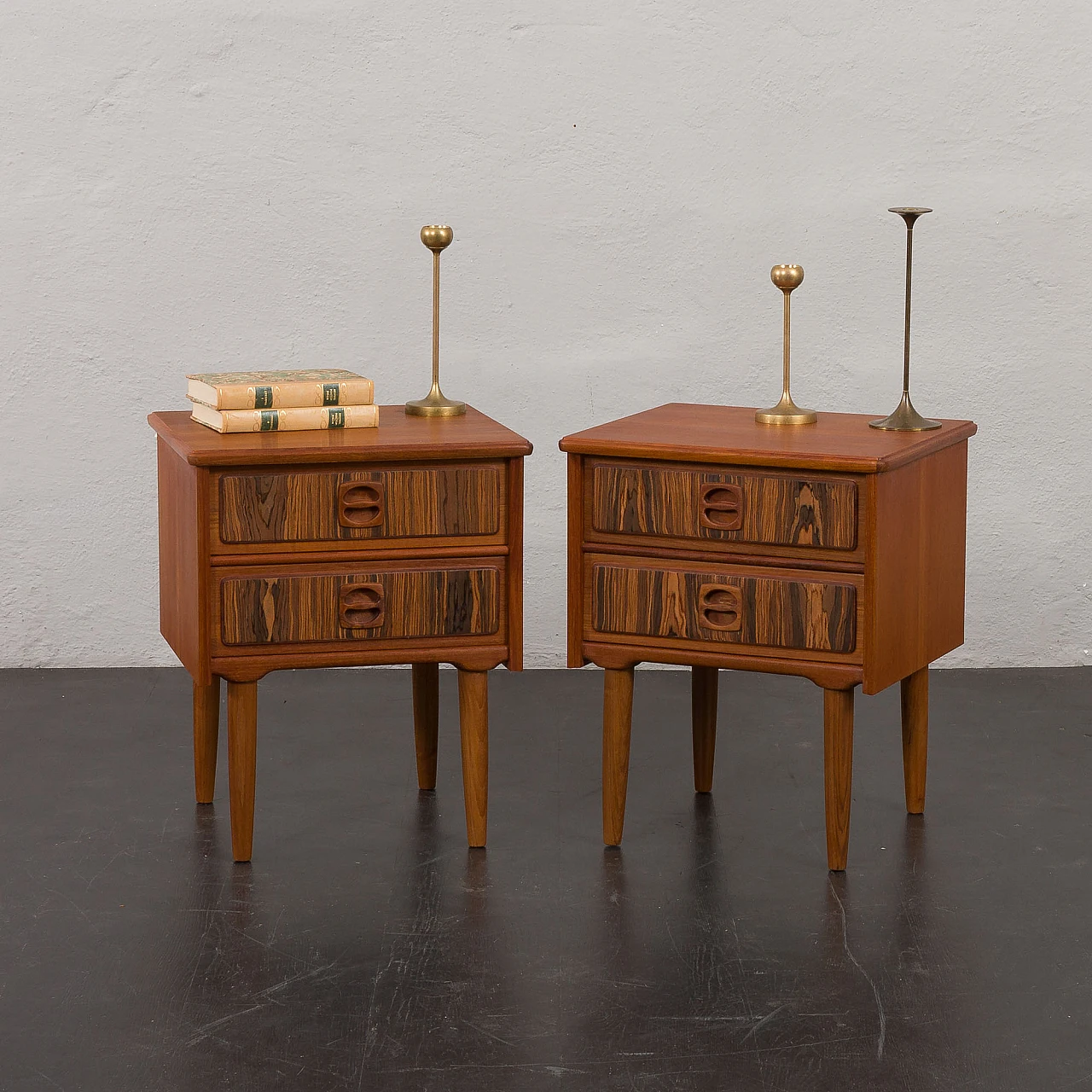 Pair of Danish teak bedside tables with rosewood inlays, 1960s 3