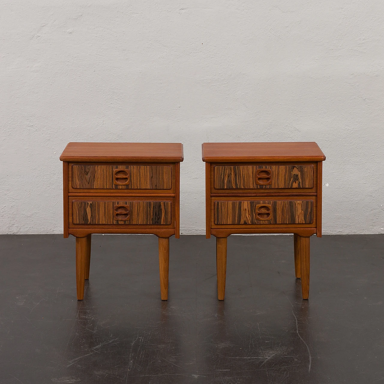 Pair of Danish teak bedside tables with rosewood inlays, 1960s 5