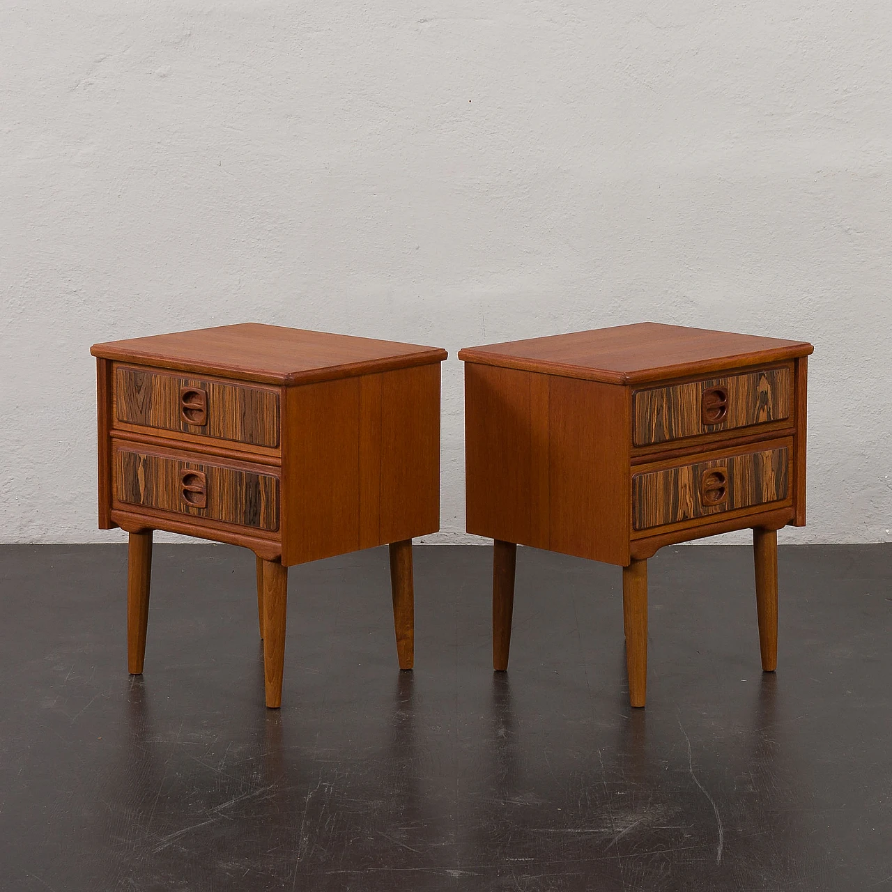 Pair of Danish teak bedside tables with rosewood inlays, 1960s 6