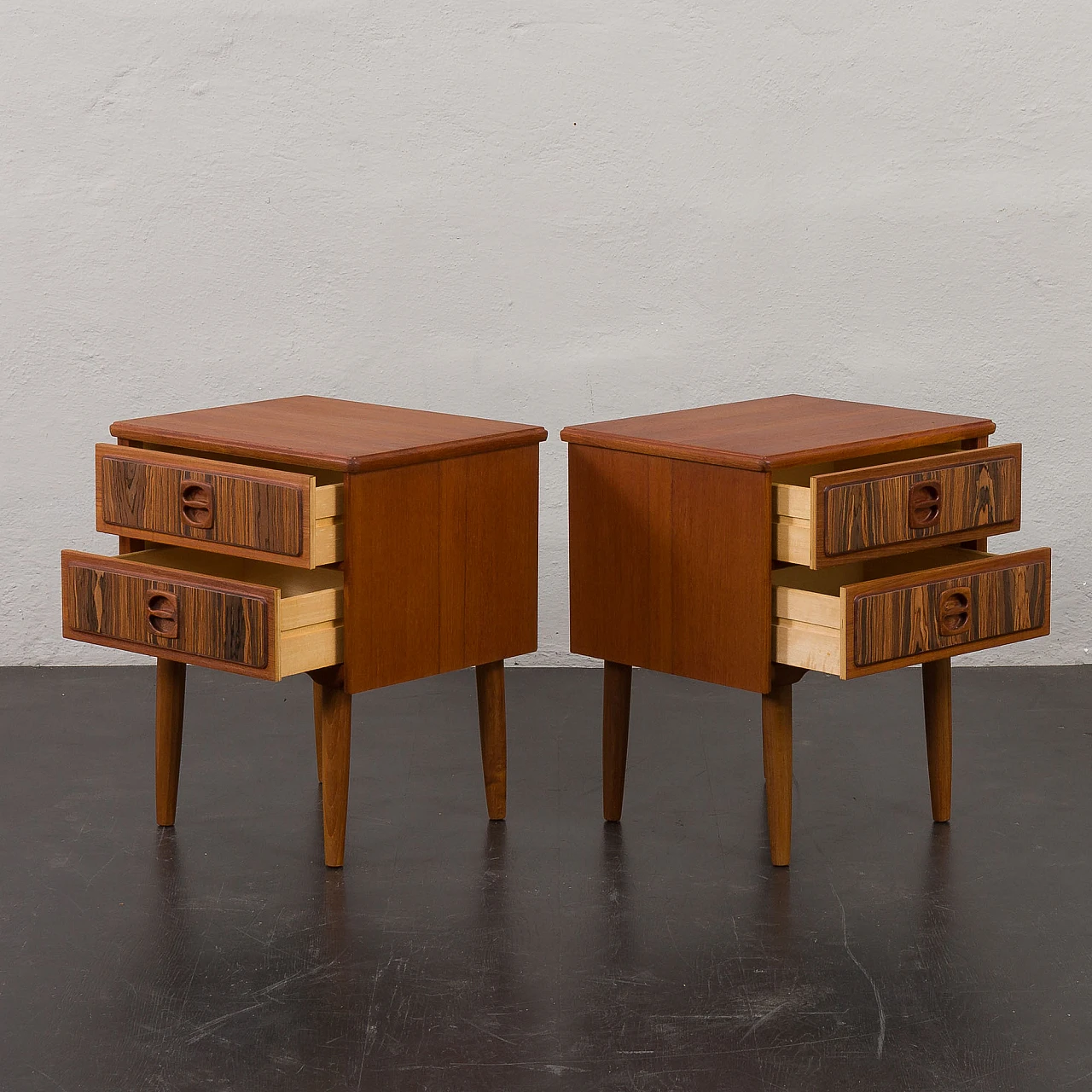 Pair of Danish teak bedside tables with rosewood inlays, 1960s 7