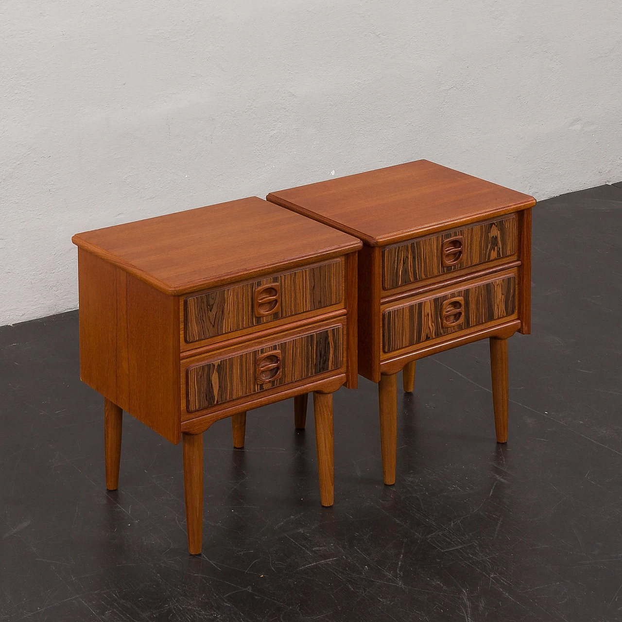 Pair of Danish teak bedside tables with rosewood inlays, 1960s 9