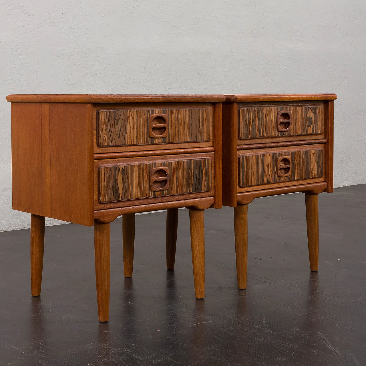 Pair of Danish teak bedside tables with rosewood inlays, 1960s 12