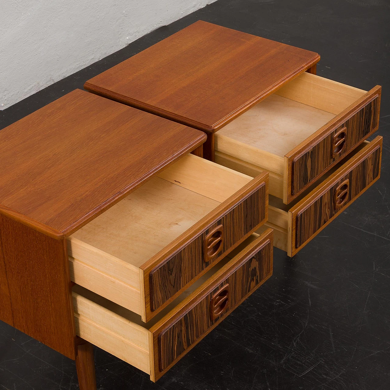 Pair of Danish teak bedside tables with rosewood inlays, 1960s 16